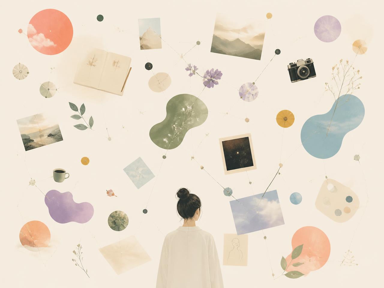 A scattered wall of life experiences, interests, and moments waiting to be connected into a pattern