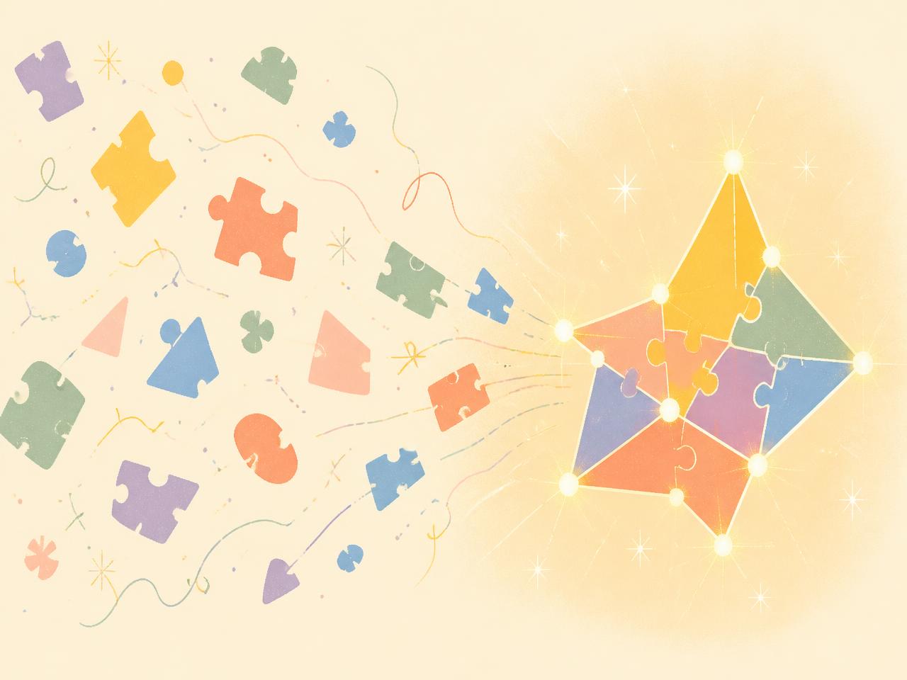 Scattered colorful fragments drifting together and locking into one glowing connected shape